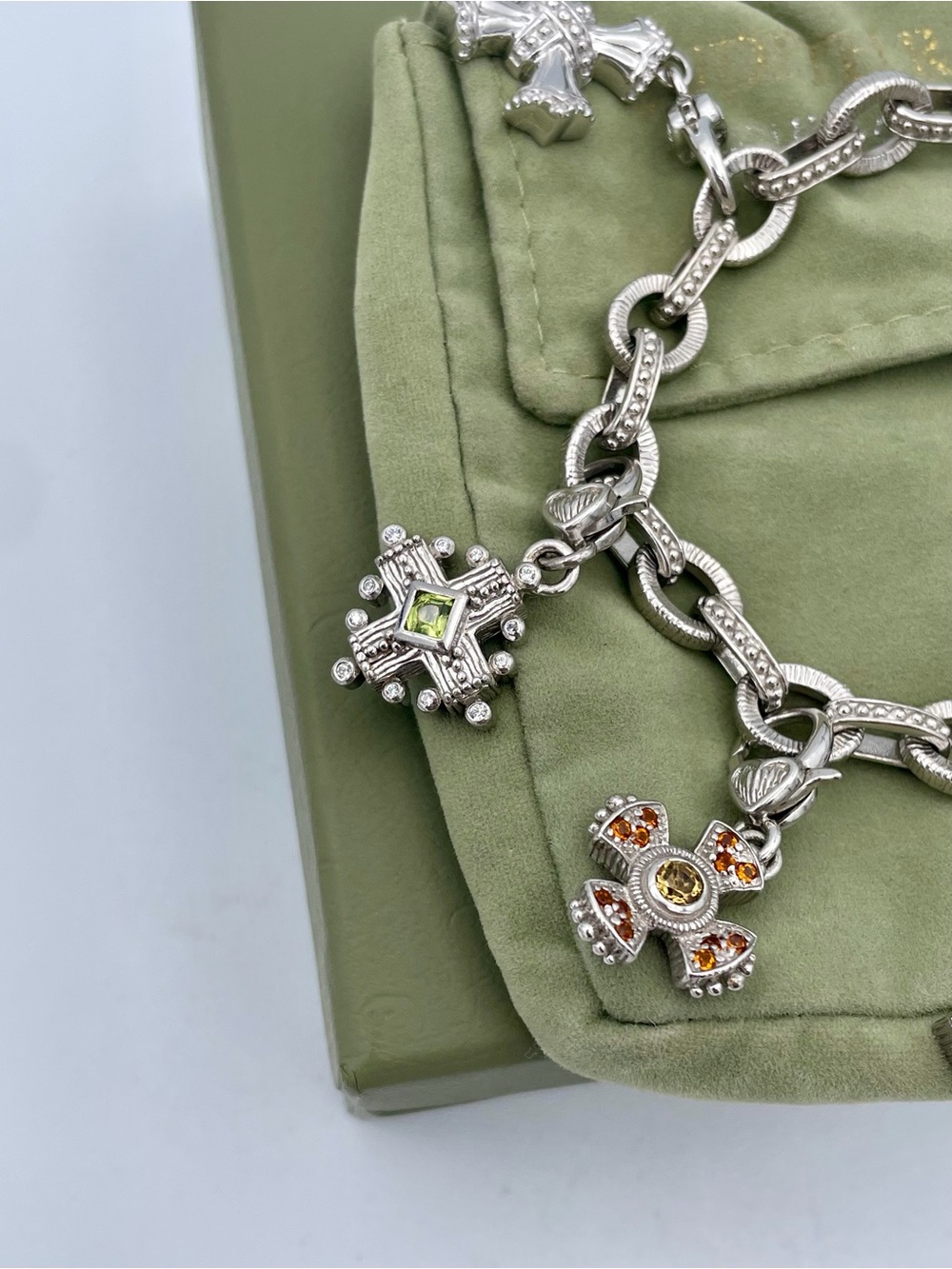 Judith Ripka Sterling Silver 925 Gemstone Maltese Cross Charm Bracelet Thailand - Picture 3 of 14
